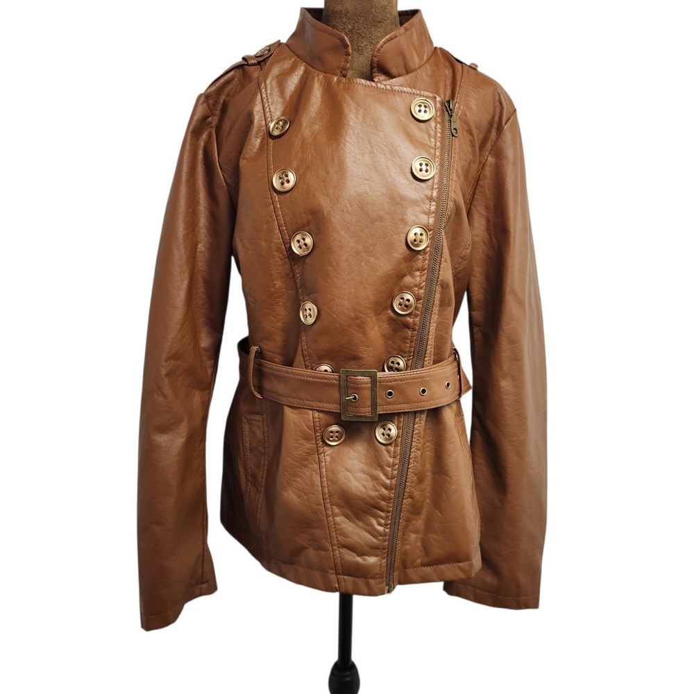 dELiA*s Brown Double Breasted Faux Leather Coat Jacket With Belt Y2K